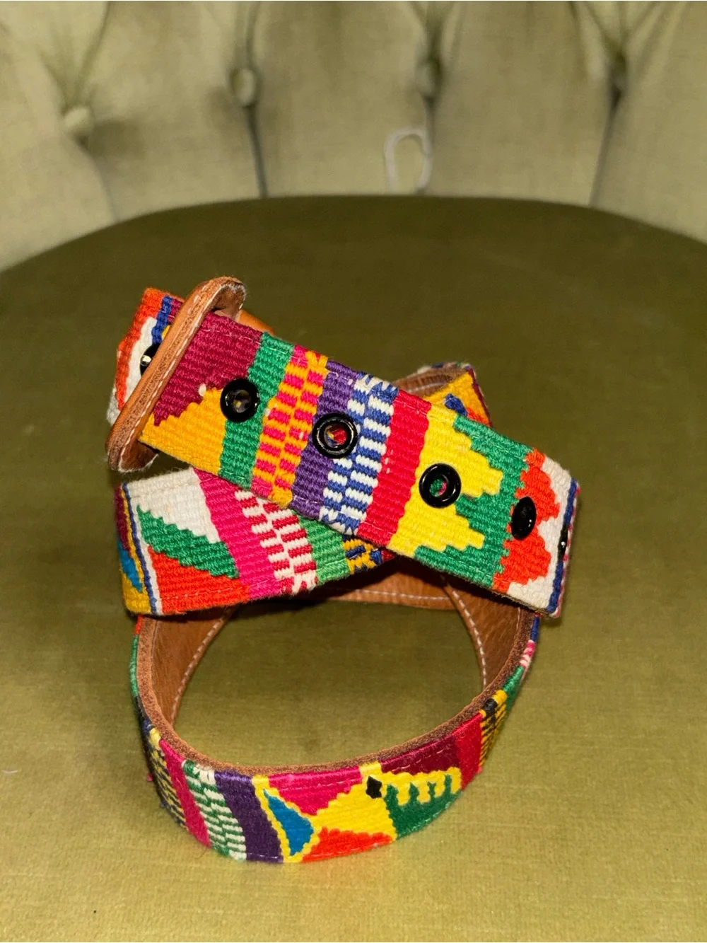 VTG Guatemalan Multicolor Hand Woven Handmade Leather Belt Unisex 36 Boho Hippie